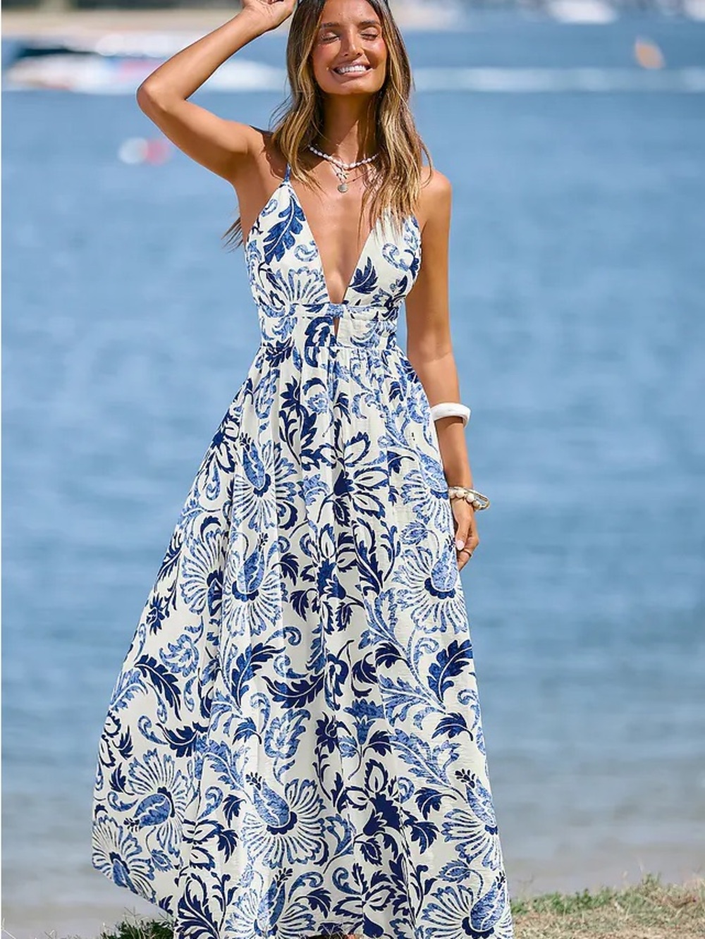 Cupshe White Maxi Dress with Navy Floral Print